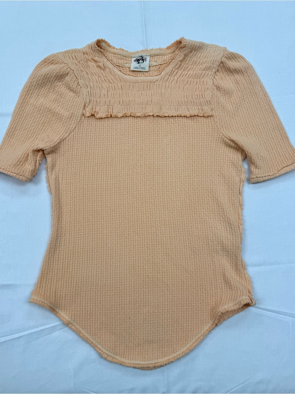 Free People We The Free Peach Smocked Thermal Knit Puff Sleeve Top XS